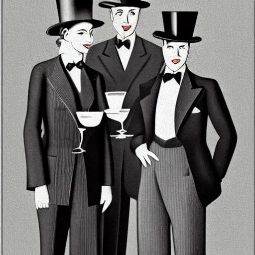 Image similar to business people standing at the bar in 1 9 4 0, top hats, business suits, beer, art deco style, simple shapes