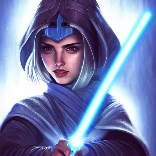 Prompt: head and shoulders portrait of a female knight, jedi, robes, blue lightsaber, ana de armas, star wars, by artgerm, anime