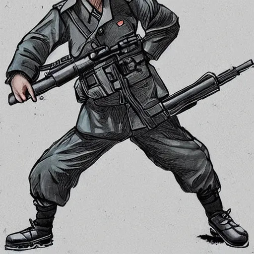 Prompt: A North Korean resistance rebel soldier , Artwork by Kim Jung Gi, Kim Jung Gi style, ink, concept character design