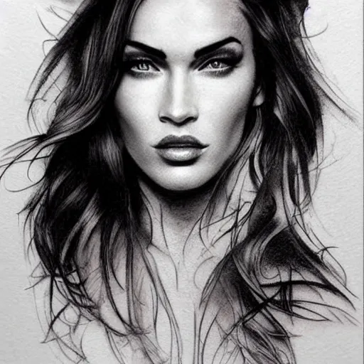 Image similar to realistic tattoo sketch of megan fox face double exposure with a mountain scenery, in the style of matteo pasqualin, amazing detail, sharp