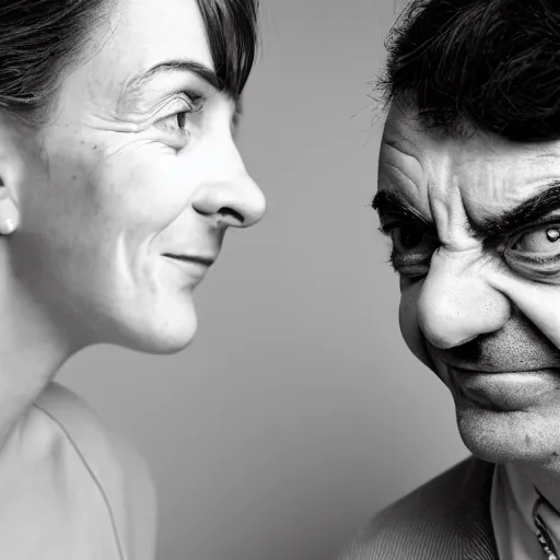 Image similar to A portrait mr bean elizabeth teams up with a teenage mr bean, perfect faces, 50 mm, award winning photography