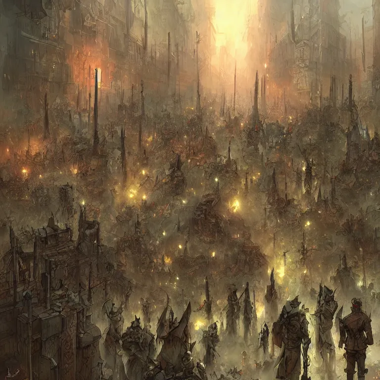 Image similar to the souls of dead soldiers waiting in a lone quiet dark city for the day of judgment, by marc simonetti