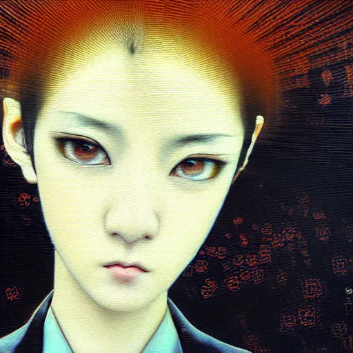 Image similar to yoshitaka amano blurred and dreamy realistic three quarter angle portrait of a young woman with short hair and black eyes wearing office suit with tie, junji ito abstract patterns in the background, satoshi kon anime, noisy film grain effect, highly detailed, renaissance oil painting, weird portrait angle, blurred lost edges