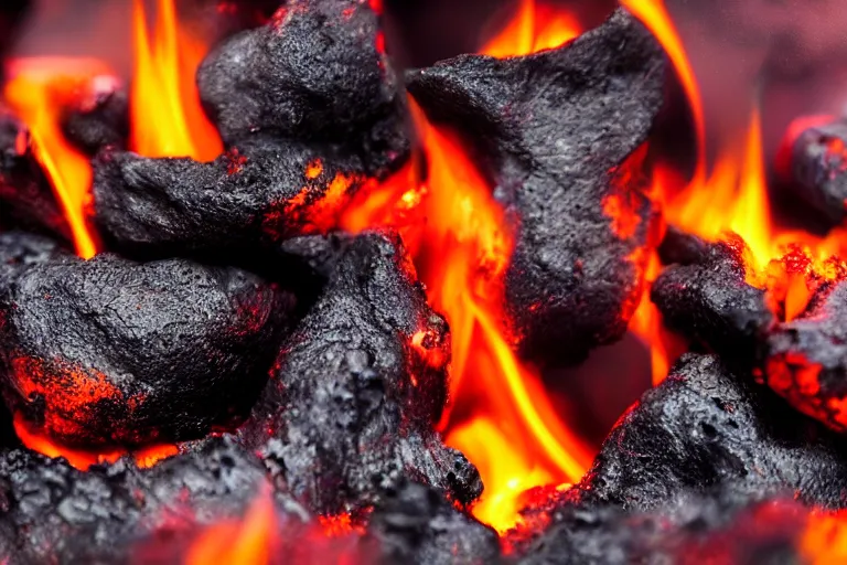 Prompt: smoldering hot black and red coals, closeup macro photo, ultra details,