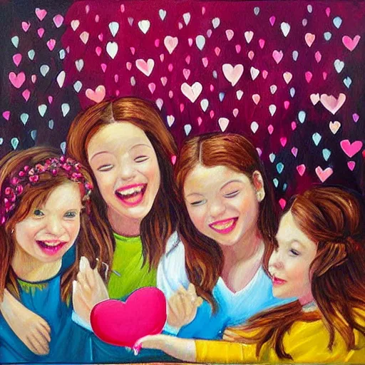 Image similar to art decor image of girls having fun at a party realistic painting with hearts in the air