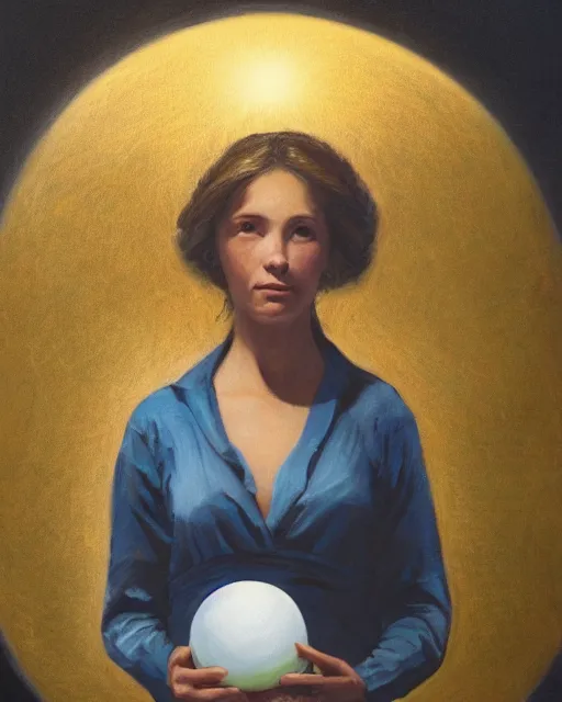 Image similar to a realism painting of a woman holding a sphere of light in her hands