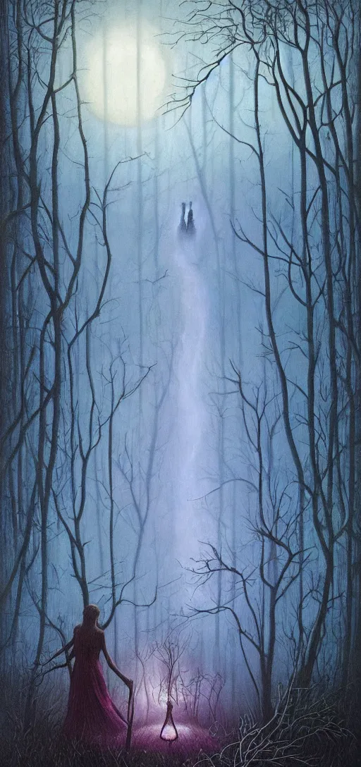 Image similar to painterly dreamy Kupala Night in the blue forest with trees which have eyes, giant flowers, glowing owls, deers, women, lianas, thistles, giant fantasy creatures, a stream and sky with moon and stars by Beksinski, Alex Grey, Aron Wiesenfeld and Giger dark fantasy, witcher, very detailed oil painting in the alla prima style, masterpiece, 8k