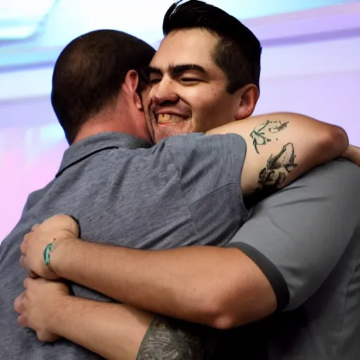 Image similar to a 8 foot tall white man hugging a 5 foot tall latino man