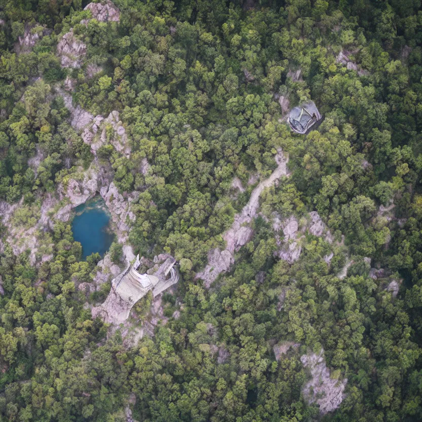 Image similar to aerial view of wizard's tower, photograph, 8 k