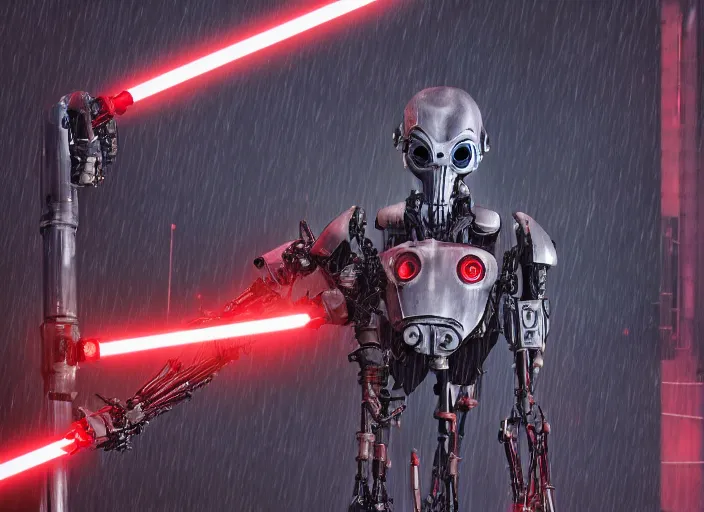 Image similar to portrait photo of general grievous with heavy duty biomechanical cybernetic body with 4 arms holding 4 activated red lightsabers in the rain. cyberpunk horror style.