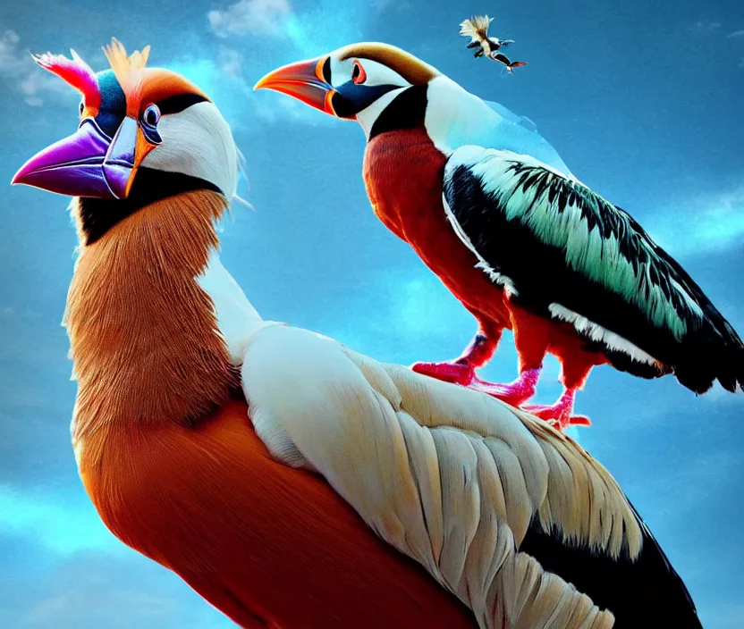 Image similar to a realistic photo of a semi - translucent creature made of birds, creature wrinkles feathers exotic morphing hoopoe, pheasant skin merged sky animal, atlantic puffin, turaco morphing chicken, clear, global illumination, refraction, king vulture head, displacement map, bump map, normal map