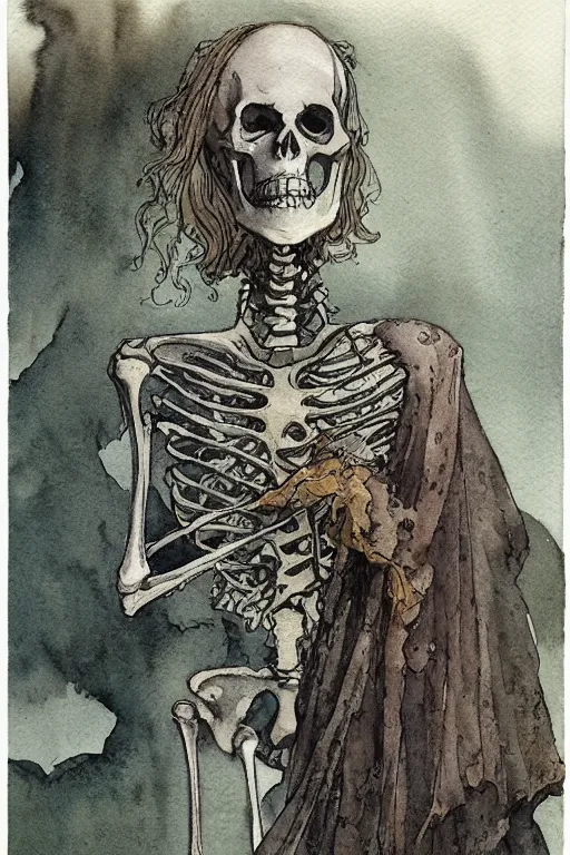 Image similar to a simple and atmospheric watercolour portrait of a skeleton king on halloween, very muted colors, by rebecca guay, michael kaluta, charles vess and jean moebius giraud