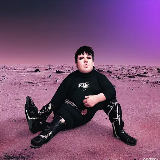 Image similar to portrait of an overweight depressed teenager with emo haircut wearing gothy purple and black spandex suit, sitting next to smashed burning spacecraft wreckage, on the orange surface of mars, highly detailed, dramatic lighting, photorealistic, cinematic