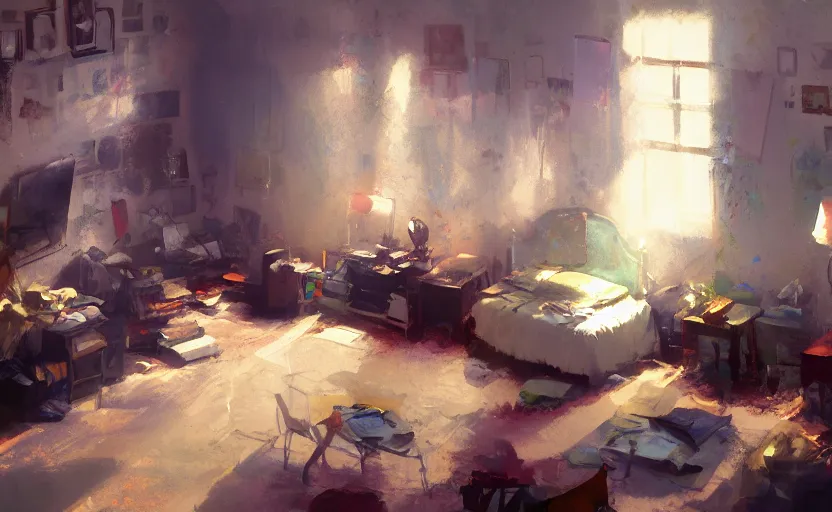 Prompt: a messy bedroom interior, painting by Craig Mullins, octane rendering, soft lighting, wide angle lens, low view, in the style of Pixar animation, trending on artstation,