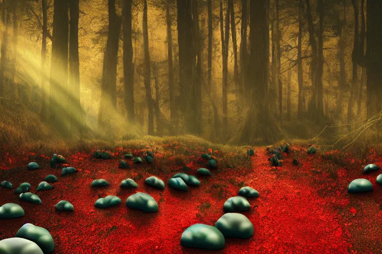 Image similar to deep colorful moody forest made of candy, lollipop trees, cotton candy bushes, big colorful rock candy boulders, gumdrop mushrooms, chocolate creek, gingerbread house. dark mood. mysterious realistic painting. photo collage, highly detailed, cinematic, hyperrealistic, artstation, dramatic lighting, god rays, clean crisp graphics, smooth sharp focus, extremely detailed