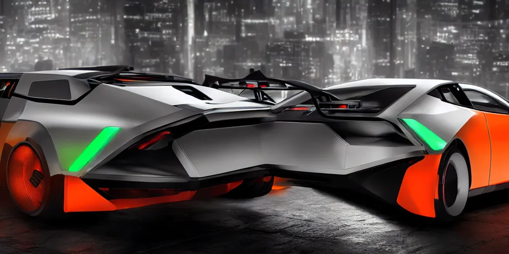 Image similar to a design of a futuristic DMC Delorian, designed by Polestar, blade runner background, back view, emerald car paint with bright orange accent detailing, black windows, sportscar, black show room, dramatic lighting, octane rendering, unreal engine rendering, hyper realistic render, depth of field, octane rendering