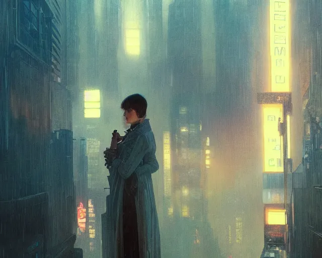 Image similar to 2 0 1 8 blade runner movie still girl look at the cityscape from roof perfect face fine realistic face pretty face neon puffy jacket blue futuristic sci - fi elegant by denis villeneuve tom anders zorn hans dragan bibin thoma greg rutkowski ismail inceoglu illustrated sand storm alphonse mucha