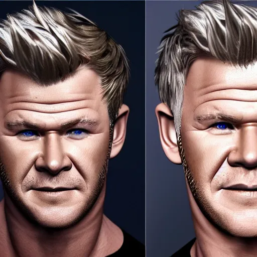 Image similar to chris hemsworth and gordon ramsay crossbreed, rendered in 3 d by xie boli, trending on artstation, 4 k, 8 k, photorealistic imagery, photorealistic details, intricate, highly detailed