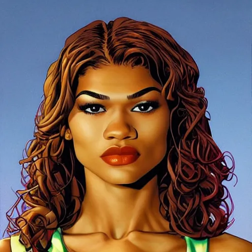 Prompt: zendaya by artgem by brian bolland by alex ross by artgem by brian bolland by alex rossby artgem by brian bolland by alex ross by artgem by brian bolland by alex ross