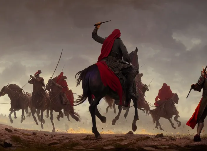 Prompt: cinematic wide shot of a mysterious old man with a staff and purple robes standing defiantly in front of an enemy cavalry charge of warriors wearing red armor by Greg Rutkowski, 4k, masterpiece