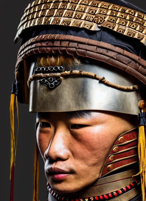 Image similar to tai warlord, closeup portrait, historical, ethnic group, traditional tai costume, bronze headset, leather shoulder armor, fantasy in