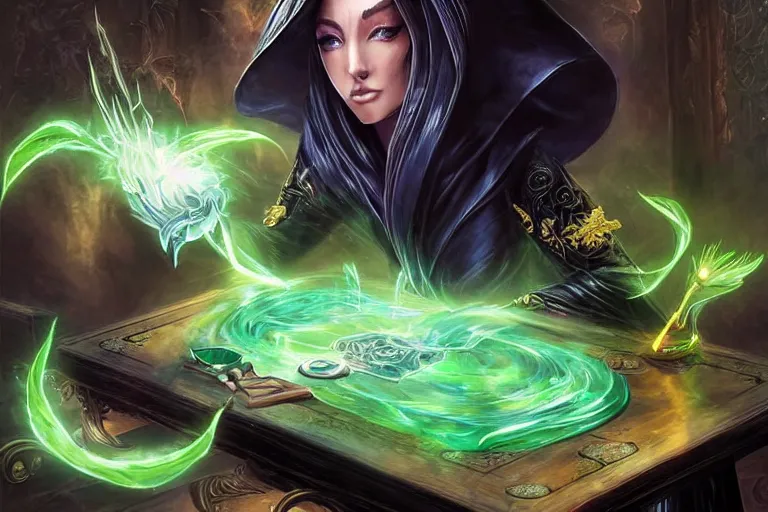 Prompt: a beautiful sorceress wearing a black robe with gold embroidery, sitting at table, casting a spell, green glows, painted by artgerm and masamune shirow, in the style of magic the gathering, highly detailed digital art