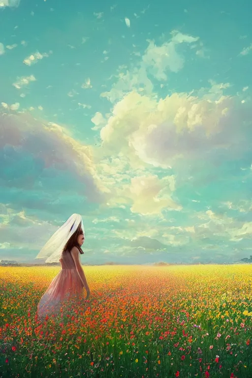 Image similar to giant white flower head, veil girl walking in a flower field, surreal photography, sunrise, dramatic light, impressionist painting, colorful clouds, digital painting, artstation, simon stalenhag