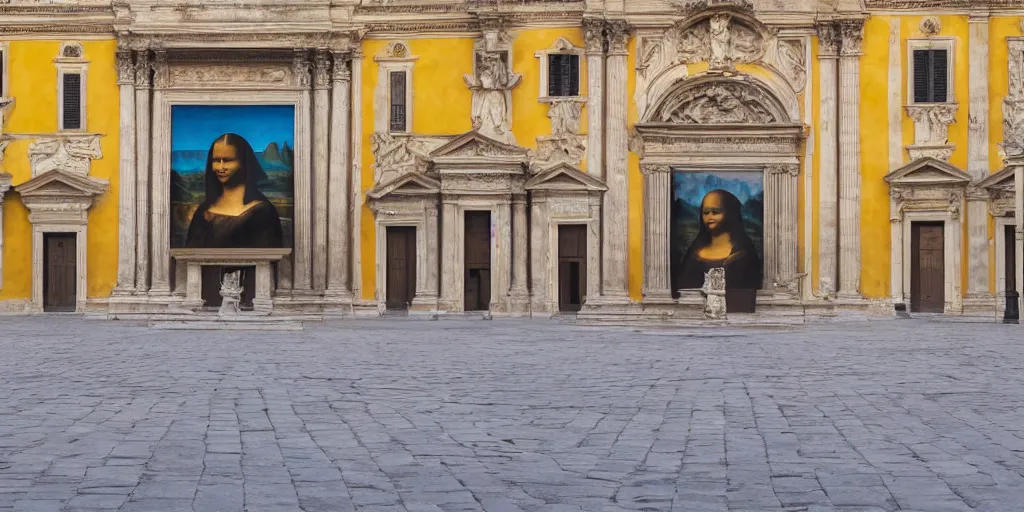 Prompt: A colorful marble sculpture of The Mona Lisa in the middle of an empty Italian piazza without people, midday, 4k photograph, sunny day, long shot