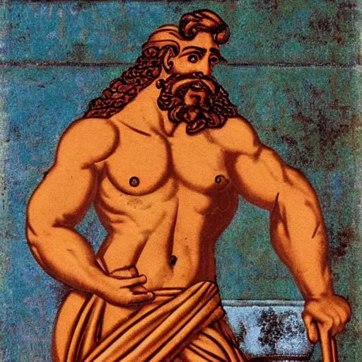 Image similar to Hercules gaining weight after retirement, Greek vase art