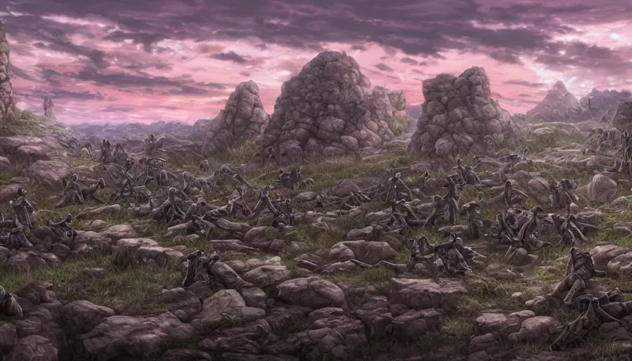 Prompt: the beautiful, chilling, panoramic view of dead calvary soldiers on a field and rocks at dusk. my soldiers, rage! hyperrealistic anime background illustration by kim jung ki, colorful, extremely detailed intricate linework, smooth, super sharp focus, bright colors, high contrast, matte, octopath traveler, unreal engine 5 highly rendered, global illumination, radiant light