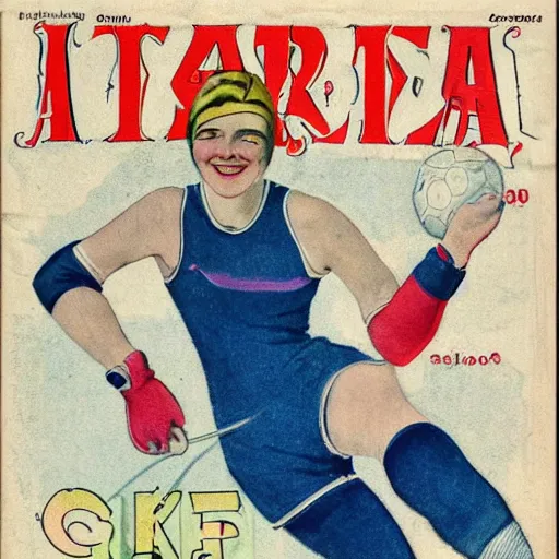 Prompt: a 1 9 2 8 cover of a german magazine. happy, healthy, beautiful, smiling, young, sporty, glowing woman in decent athletic wear. realistic detailed color drawing