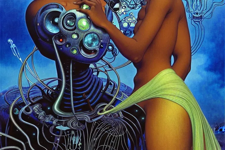 Image similar to realistic extremely detailed portrait painting of a beautiful black woman with a robot, futuristic sci-fi landscape on background by Jean Delville, Amano, Yves Tanguy, Mark Brooks, Alphonse Mucha, Ernst Haeckel, Edward Robert Hughes, Roger Dean, rich moody colours, blue eyes