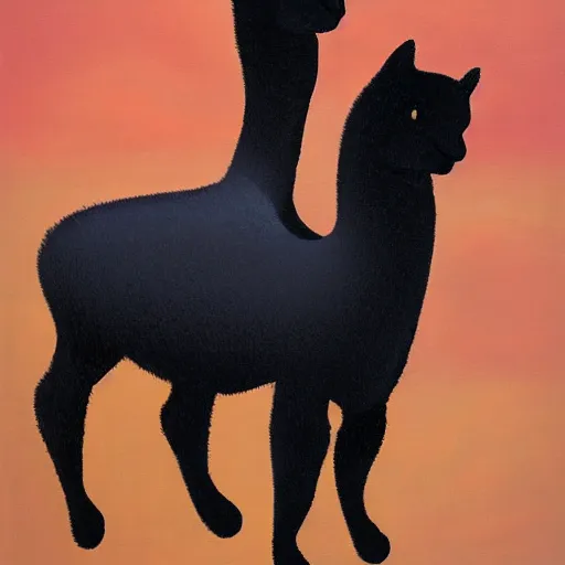 Image similar to two black cats riding on back of llama, andes, matte