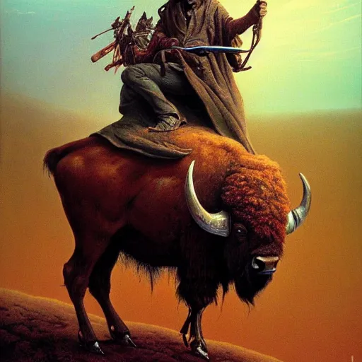 Prompt: Josh Allen on a bison, dark fantasy, Warhammer, artstation painted by Zdzisław Beksiński and Wayne Barlowe