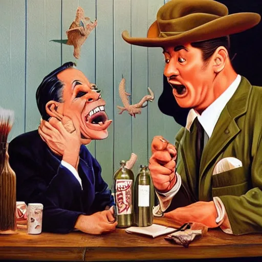 Image similar to beautiful lifelike painting of gene kelly demanding a refund on undercooked overpriced dinosaur steak in downtown dive bar bistro, hyperreal detailed facial features and uv lighting, art by ed roth, ryu noguchi and basil wolverton