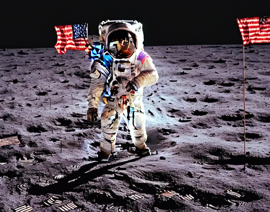 Image similar to One small step for man, one giant leap for man kind; zombie Neil Armstrong lands on the moon hoisting a neon American flag; cyberpunk moon landing; rendered by unreal engine 5; ultra high detail painting; 4K 8K; stunning composition; illustration; rich hues; saturated Miami Vice neon