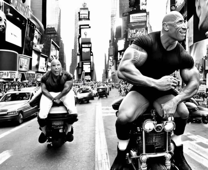 Image similar to Dwayne the Rock Johnson riding on the back of Adam Sandler, doing Methamphetamine at Times Square, photograph by Alfred Eisenstaedt, 4K, dramatic lighting; 4K 8K