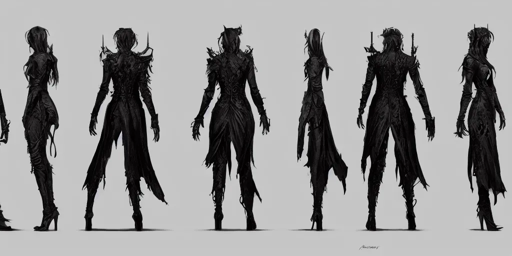 Prompt: gothic character back detail designs, Milo Manara, Greg Rutkowski, character sheet, Darek Zabrocki, Karlkka, Jayison Devadas, Phuoc Quan, trending on Artstation, 8K, ultra wide angle, pincushion lens effect