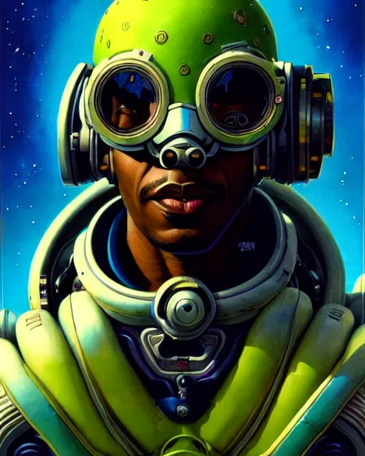 Prompt: lucio from overwatch, character portrait, portrait, close up, concept art, intricate details, highly detailed, vintage sci - fi poster, retro future, in the style of chris foss, rodger dean, moebius, michael whelan, and gustave dore