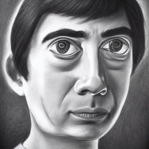 Prompt: dad with large eyes and monobrow, black and white pencil drawing, unrealistic