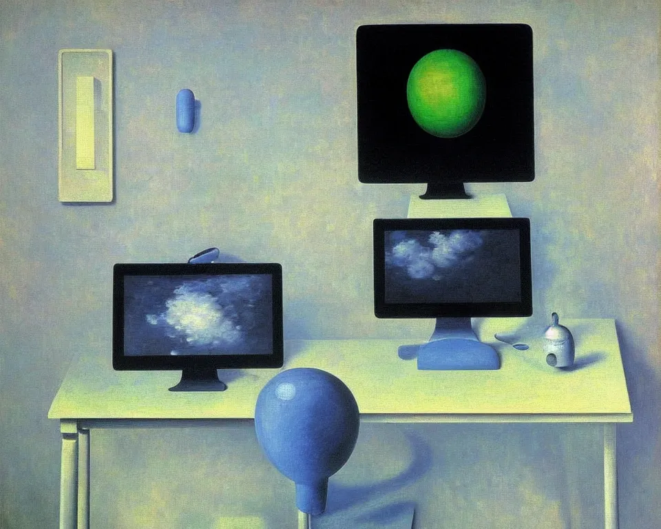 Image similar to achingly beautiful painting of a imac g 3 by rene magritte, monet, and turner. whimsical.