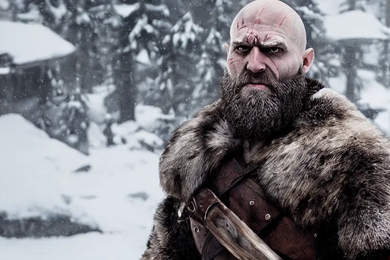 Image similar to vfx movie tough bald man in furs, natural grizzled skin, streaks of red face paint grey beard, dual wielding detailed viking war axes, in snowy tahoe, god of war by emmanuel lubezki