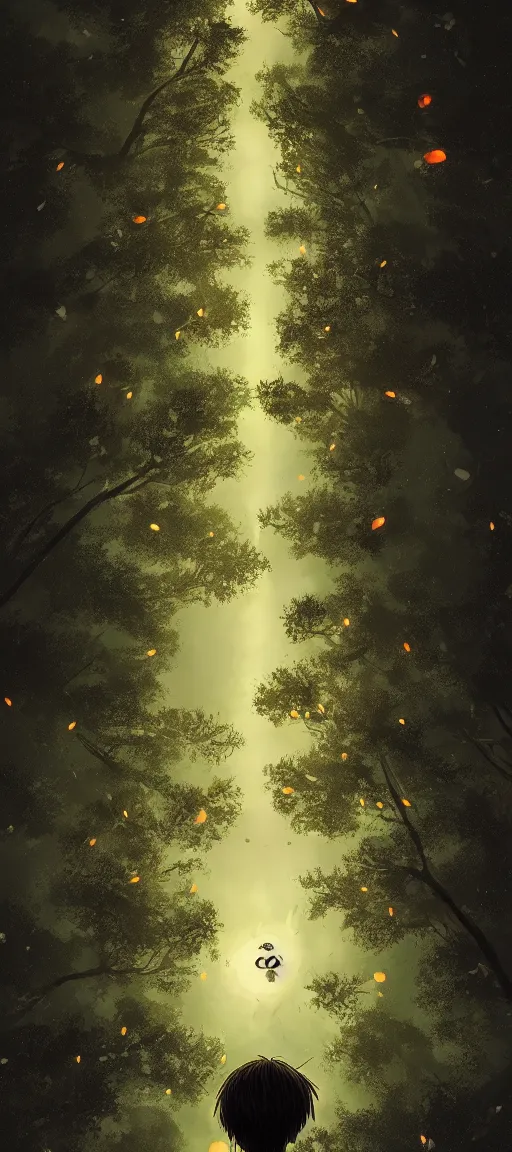 Prompt: vertical panoramic anime still of a character looking up, tall trees, nighttime with fireflies, young character, trending on artstation, digital art