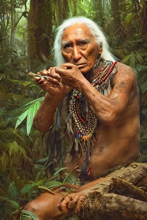 Prompt: a beautiful portrait of chief dan george taking tobacco snuff in the jungle, hyper realistic face, fantasy art, in the style of greg rutkowski, intricate, hyper detailed, smooth