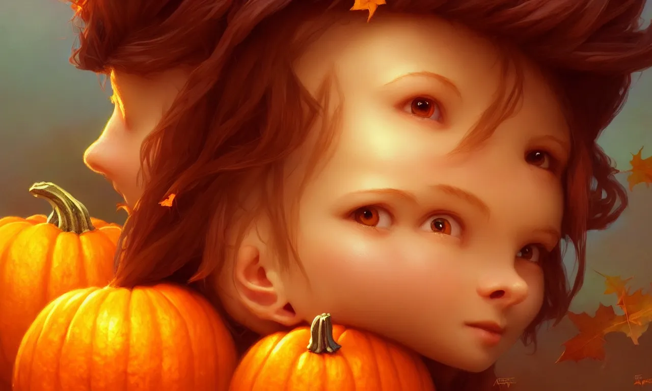 Image similar to hand drawn cute one gnomes face in autumn and pumpkin, detailed closeup face, concept art, low angle, high detail, warm lighting, volumetric, godrays, vivid, beautiful, trending on artstation, art by artgerm and greg rutkowski and alphonse mucha