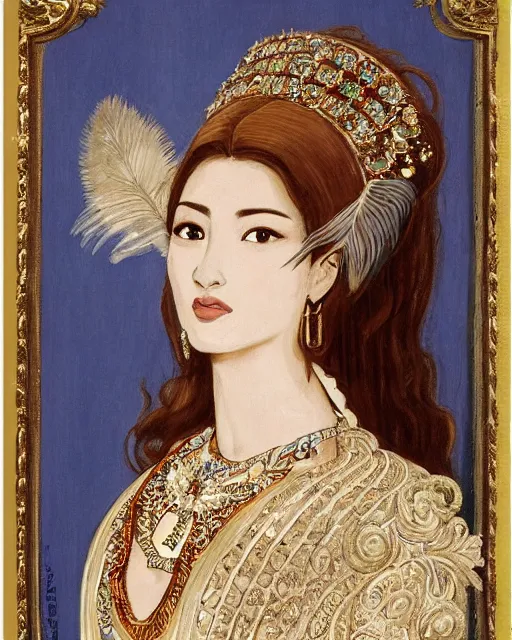 Image similar to portrait of a beautiful greek woman +diadem with facemask and feather crest+ long hairs and complex hairdressing+antique greek tunique+symmetric face, symmetric body+gold jewels, collar, earings, rubis, sapphire, topaz,citrite+gods of olympe+ in the style of saint seiya + by Joongwon Jeong and Kei Mieno, artsation, unreal engine render, octane render