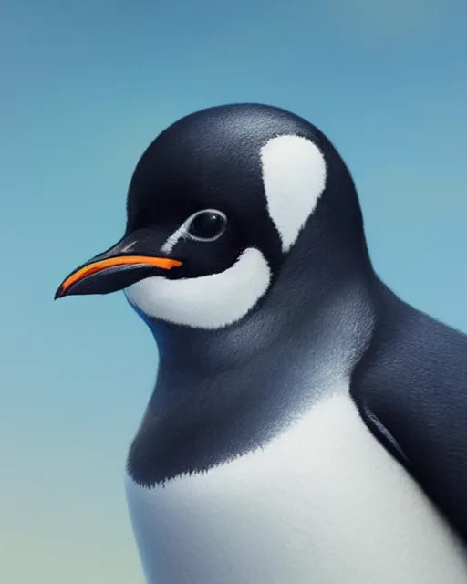 Image similar to highly detailed vfx portrait of a cute penguin, stephen bliss, unreal engine, greg rutkowski, loish, rhads, beeple, makoto shinkai and lois van baarle, ilya kuvshinov, rossdraws, tom bagshaw, alphonse mucha, global illumination, detailed and intricate environment