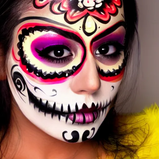 Image similar to an extreme close up photo of a attractive, alluring, beautiful, gorgeous, Mexican female, in her early 20s, wearing sugar skull make up