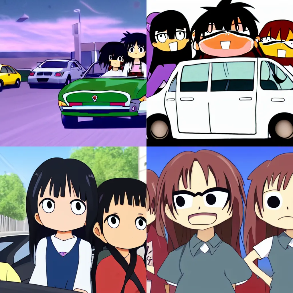 Image similar to Characters from Azumanga Daioh driving a car, in the style of azumanga daioh, 4k, dynamic lighting