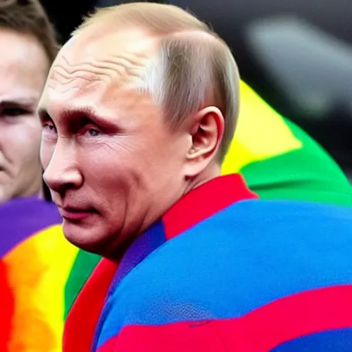 Prompt: Vladimir Putin wearing rainbow suit, Gay pride, rainbow flags